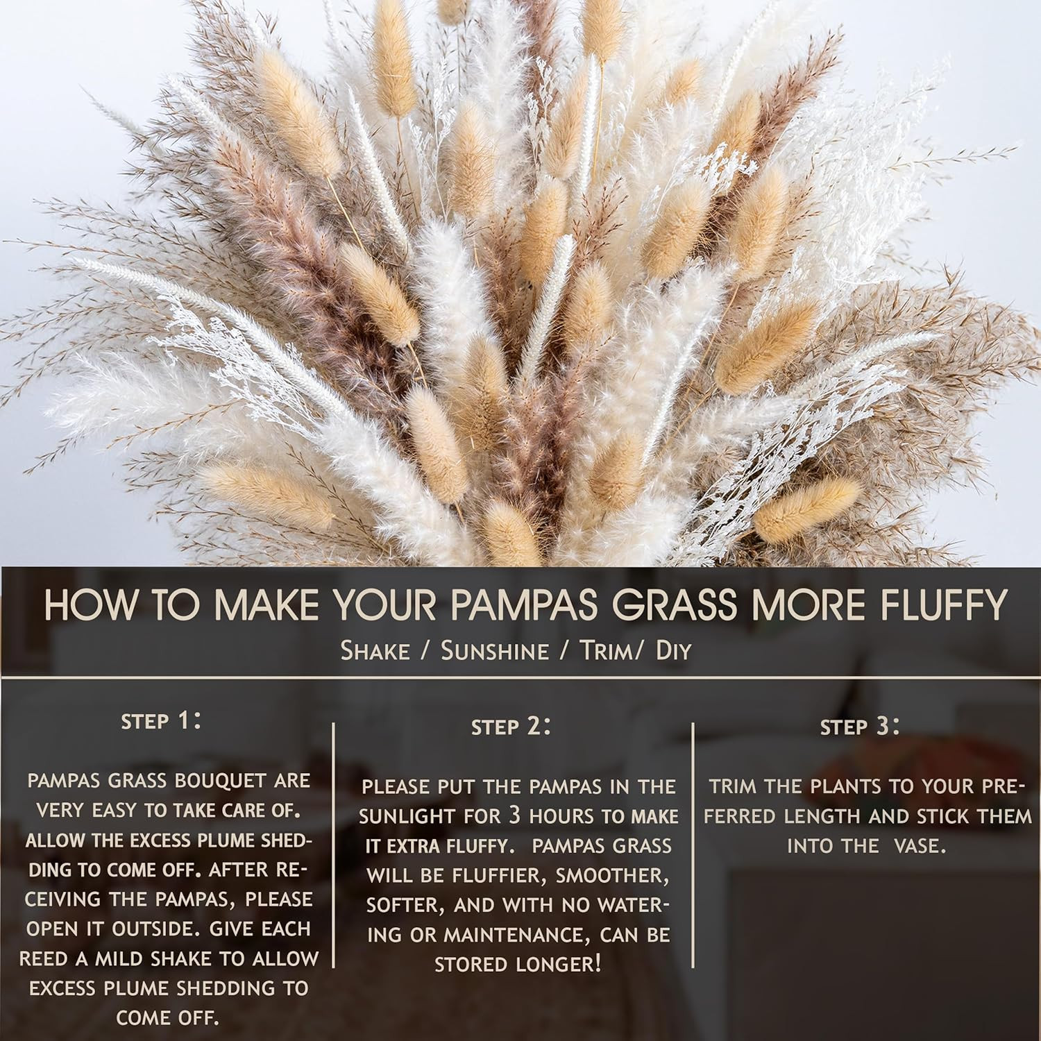 150pcs Pampas Grass + 1 White Ceramic vase + 1 Wood Bead Garland , Boho Home Dec