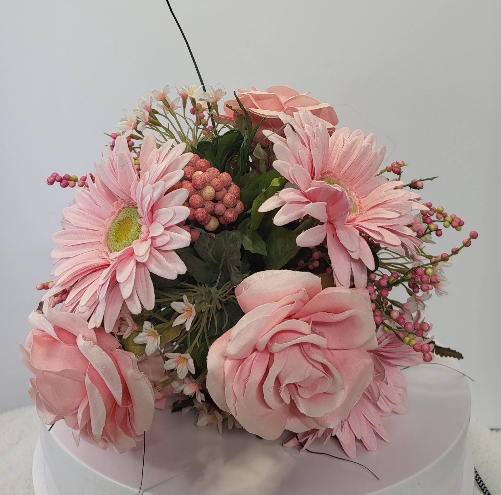 Artificial Pink Bouquet with Gerbera Daisies Roses Filler Berries Wrapped Stem