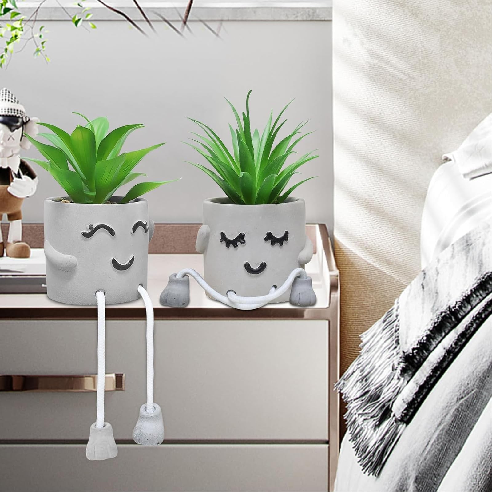 Faux Succulents In Cement Pots With Hanging Leg Potted Mini Fake Plants For Desk