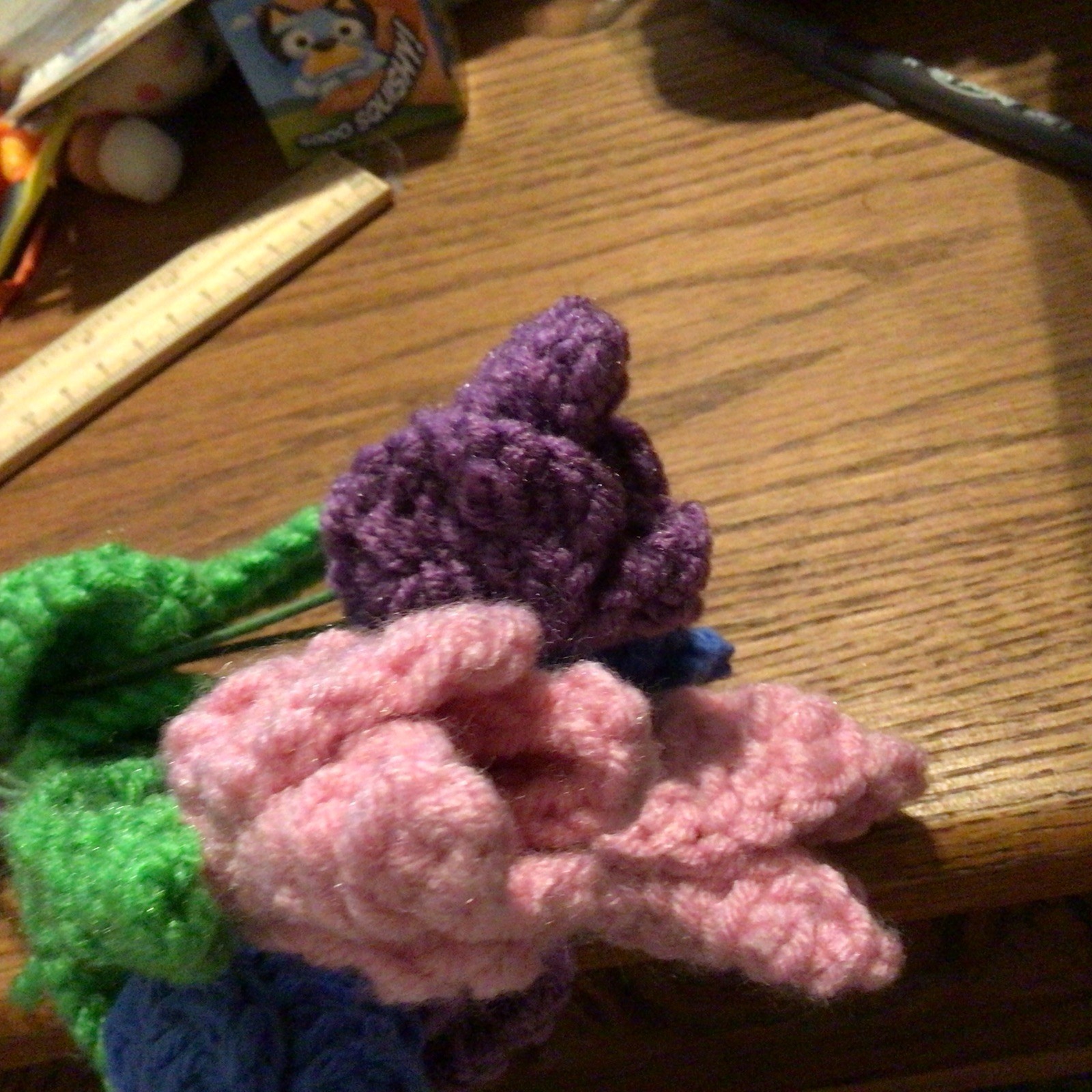 Crochet Flowers Bouquet, Pink, purple, blue, & green with wire stems