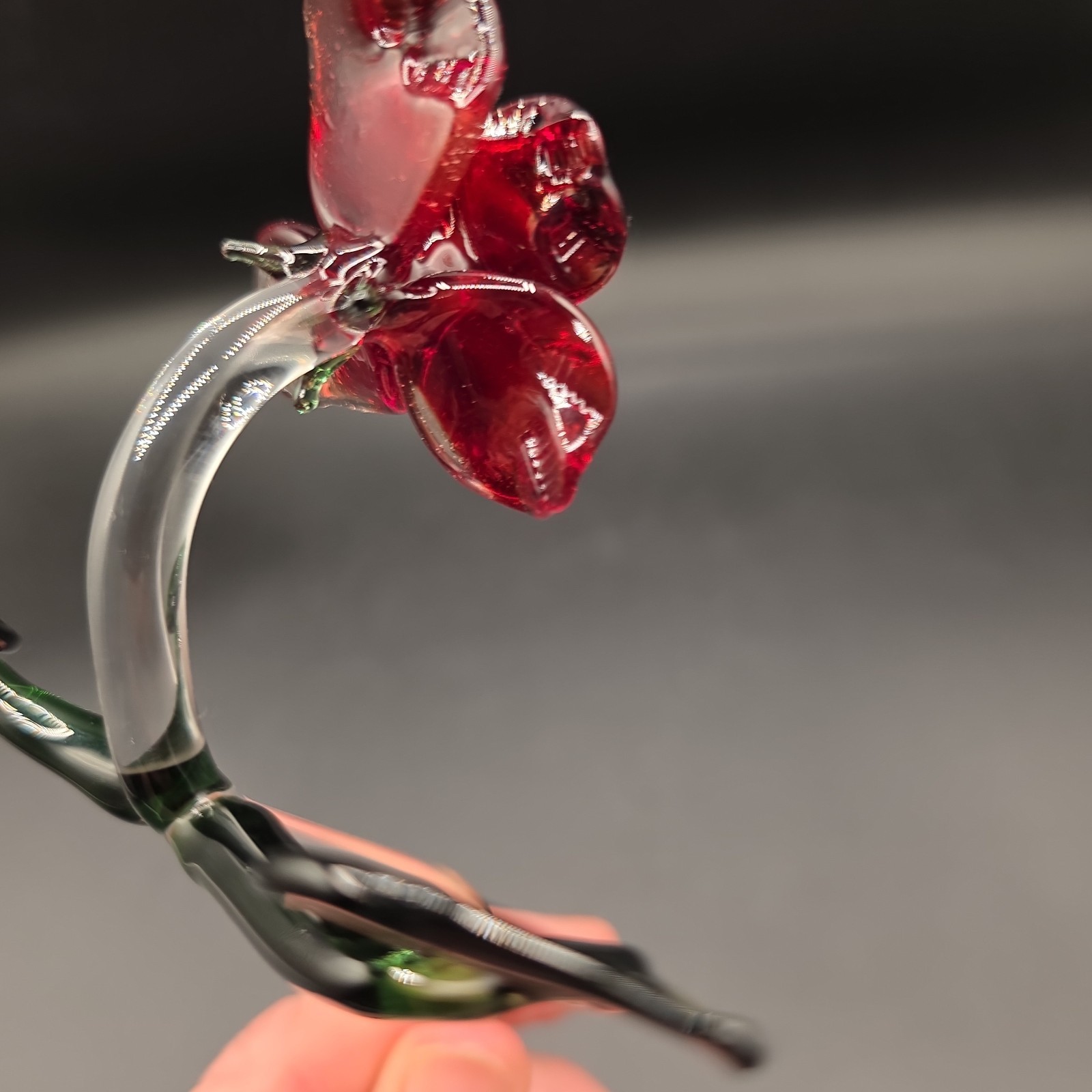 Glass Long Stem Red Rose with Green Leaves 10″ Applied Blown