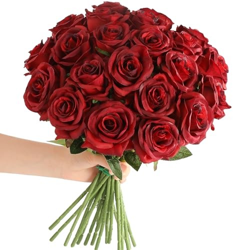 Red Roses Artificial Flowers – 12 pcs Realistic Long Stem Fake Roses Burgundy