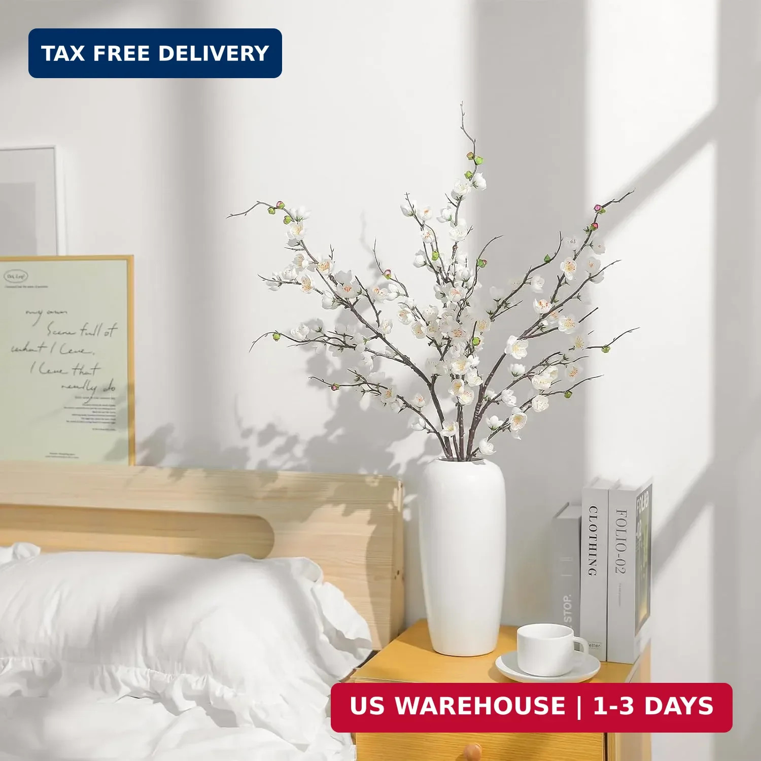 Artificial White Cherry Blossom Branches 3Pcs 37.8″ Faux Silk Cherry Blossom, Fa