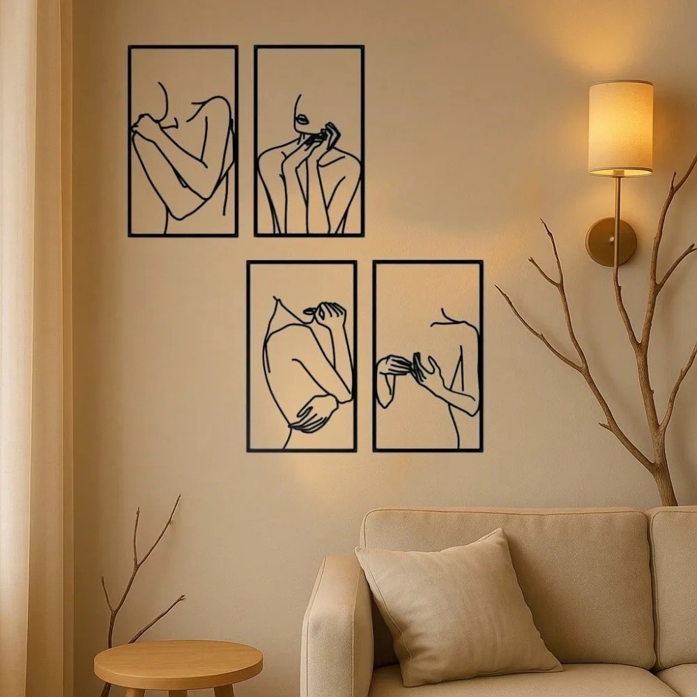 4Pcs Minimalist Black Line Woman Metal Wall Art Waterproof Rustproof Home Decor