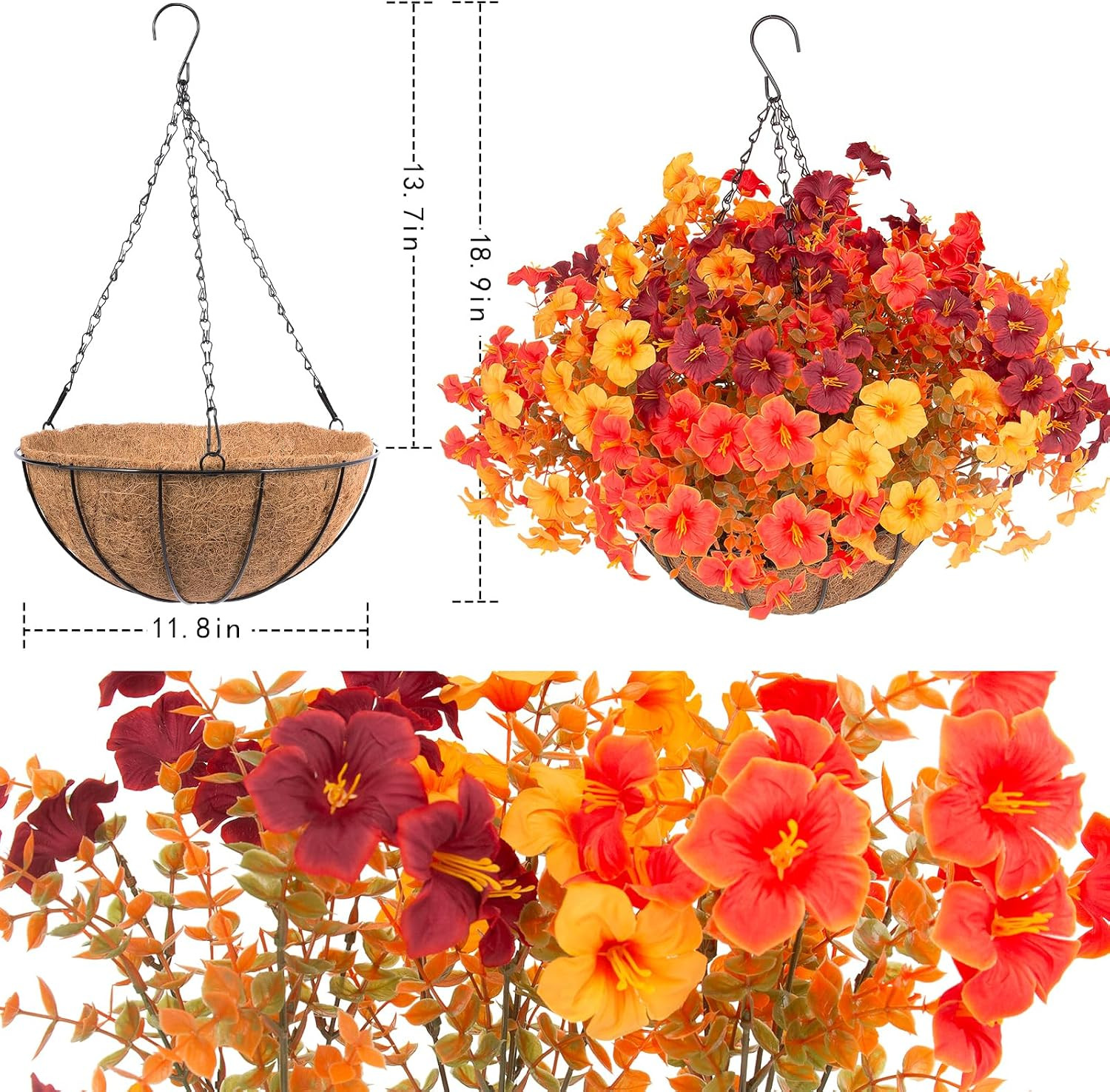 2 Set Artificial Outdoor Fall Flowers with Hanging Baskets, 24 Pcs Faux Petunias