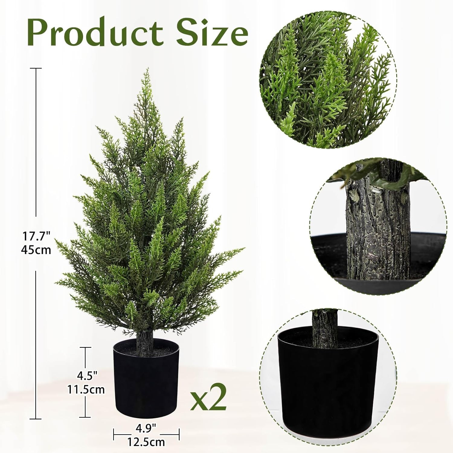 17.7” Artificial Cedar Topiary Tree in Black Pot – Set of 2 Lifelike Evergreen