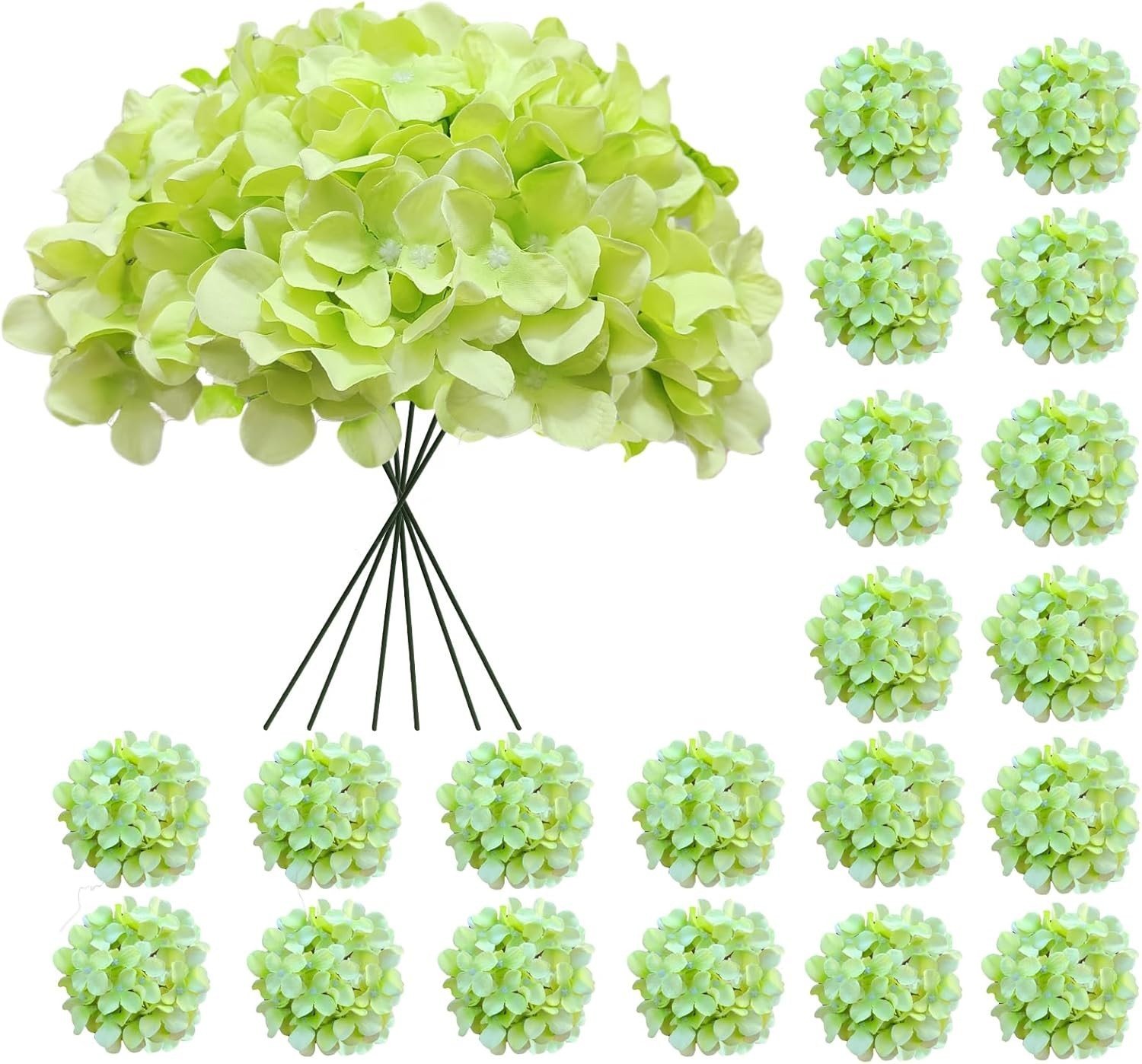 20 Pcs Green Artificial Hydrangea Flowers Bulk Silk Fake Bloom Wedding Decor