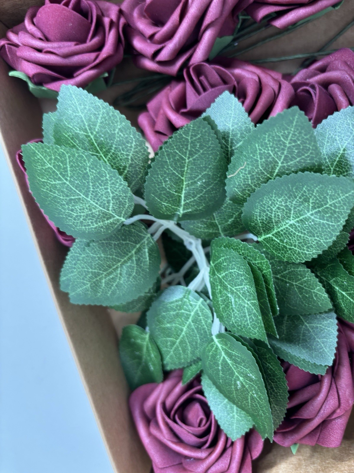 Artificial Flowers Real Look Burgundy Foam Roses 16 stems & 7 Greenery