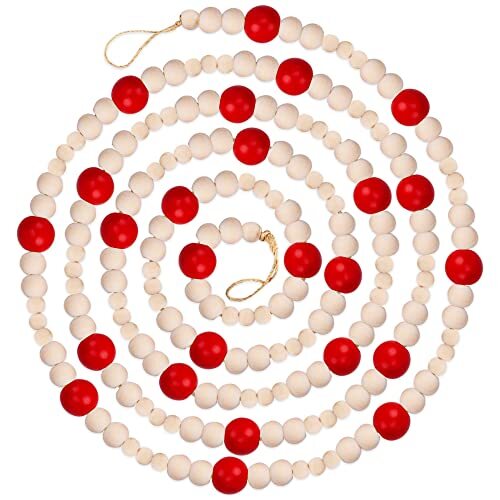 9 Foot Red & Natural Wood Bead Ball Christmas Garland | Wooden Christmas Tree