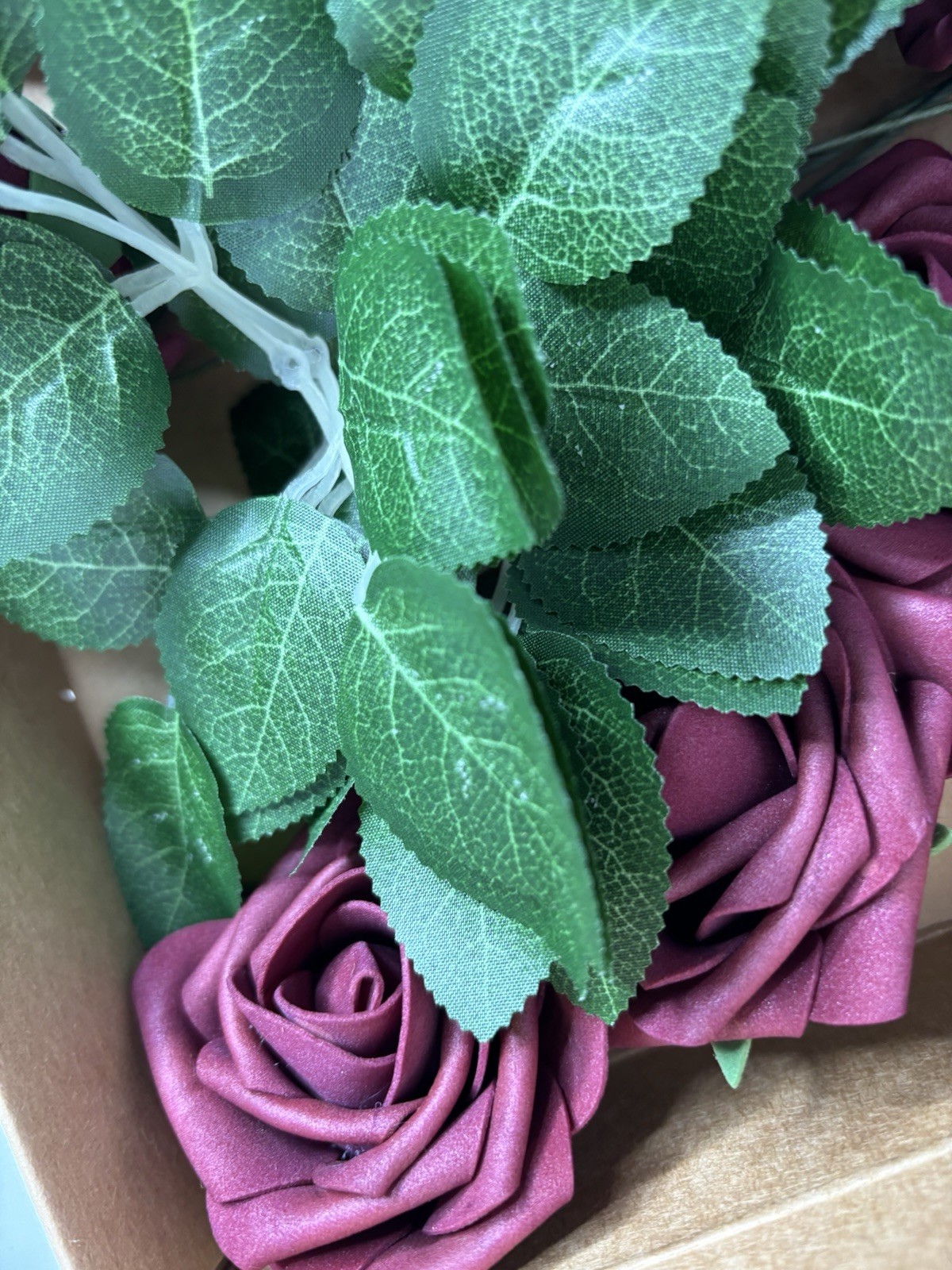 Artificial Flowers Real Look Burgundy Foam Roses 16 stems & 7 Greenery
