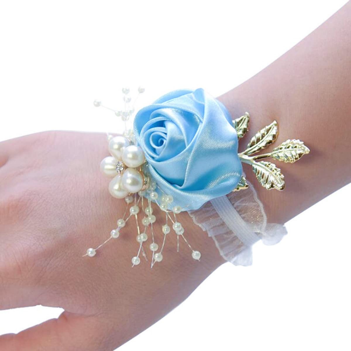 1 Pcs Wrist Flower Wedding Bridesmaid Bride Corsage, Decoration Hand Light Blue