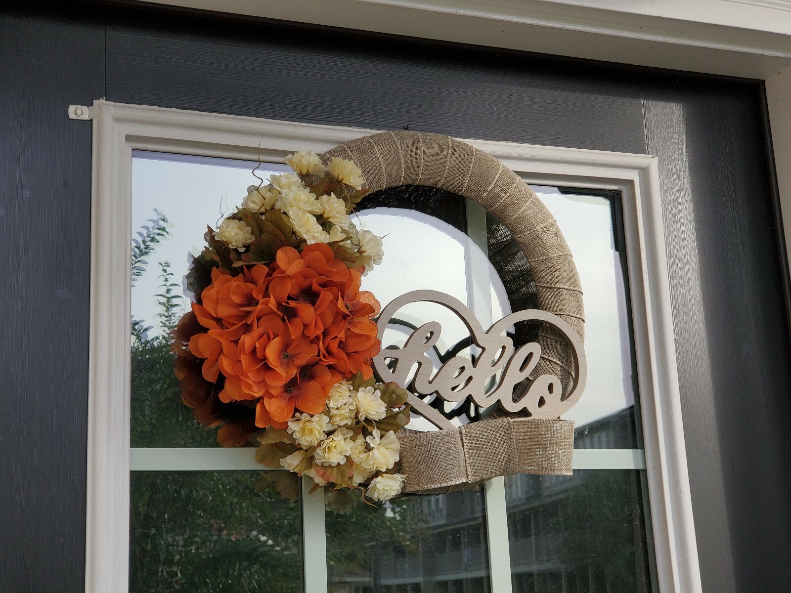 FLOWER Hydrangeas burlap WREATH Heart HELLO FALL autumn Decor Front Door 15″