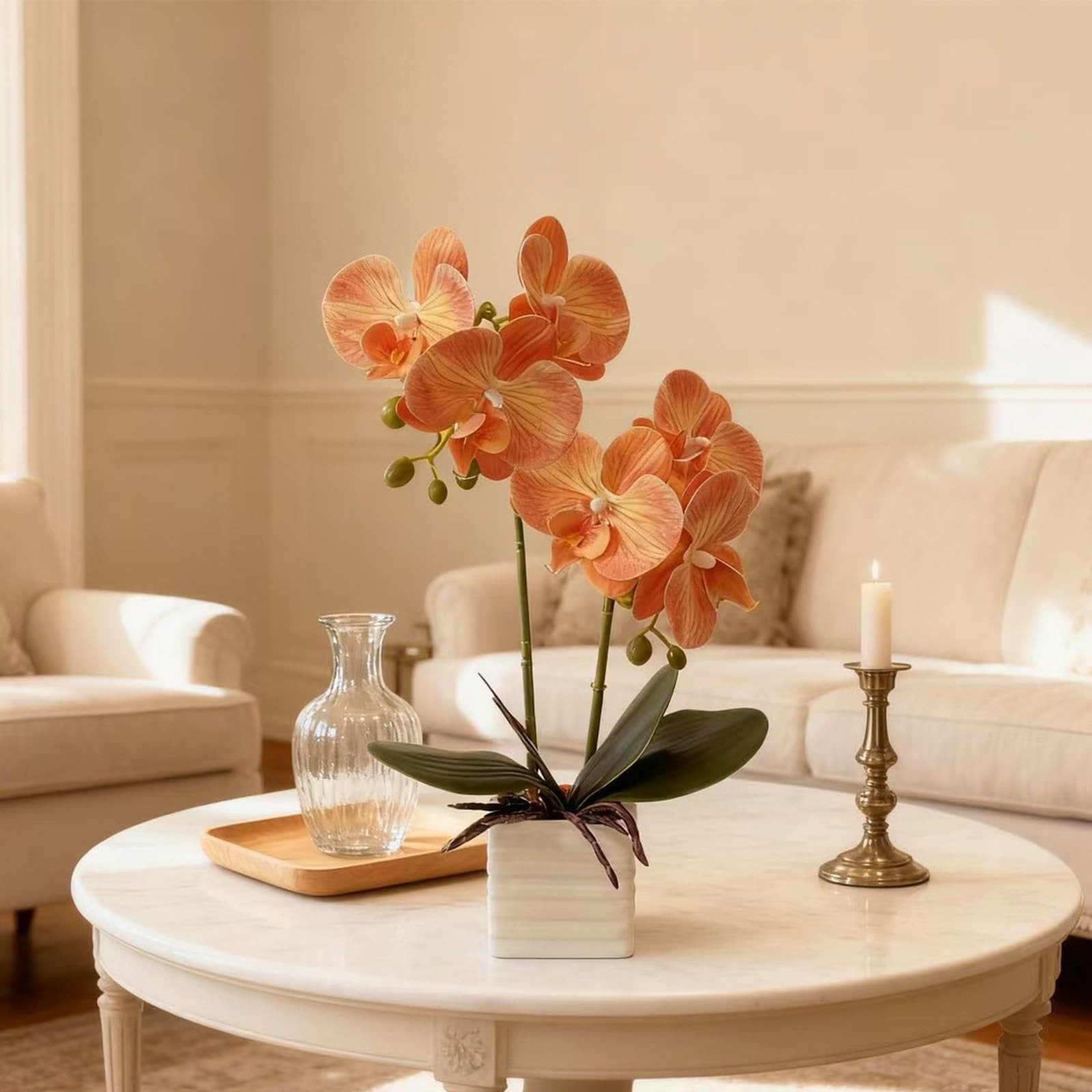 14″ Tall Artificial Indoor Orchids For Home Decor Orange Silk Flowers Vase