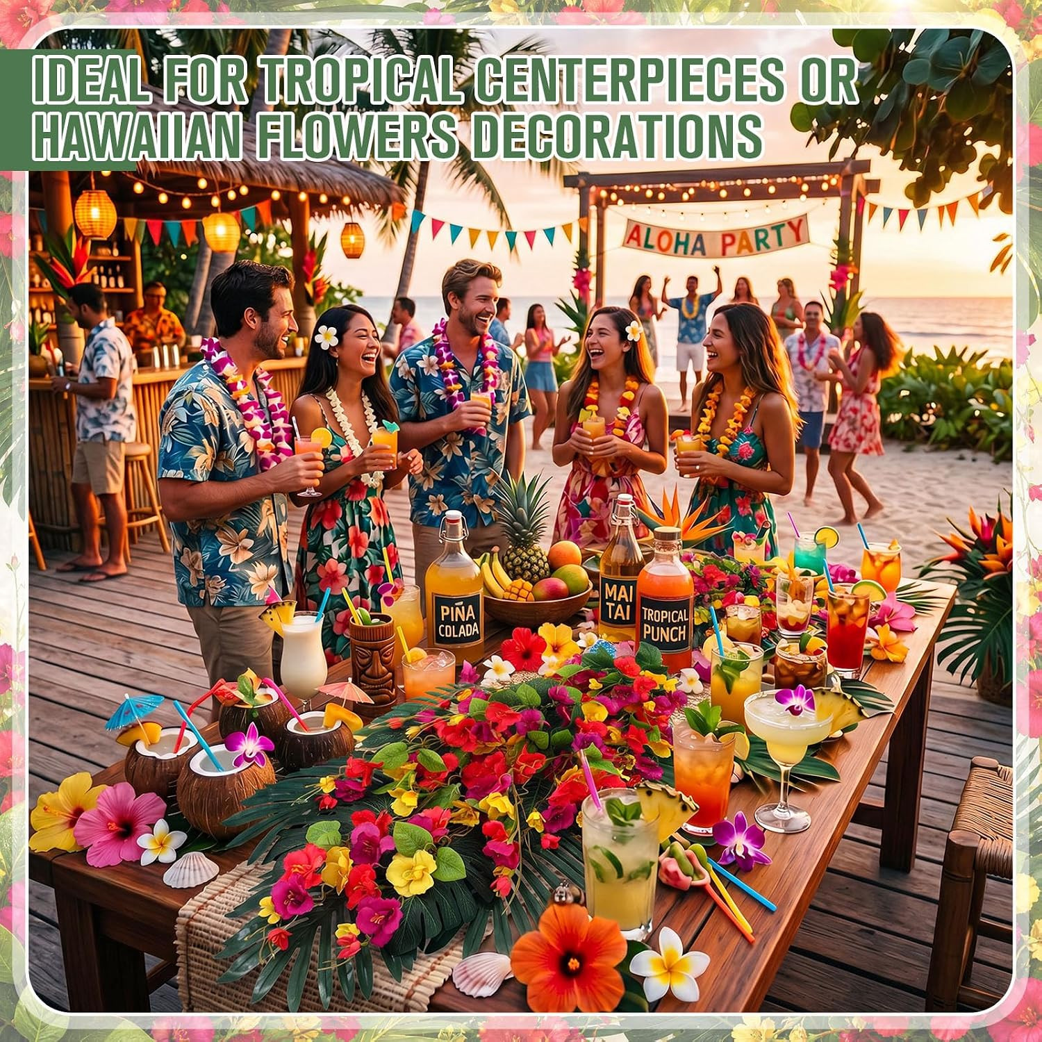20 Pcs Tropical Hibiscus Flowers & Palm Leaves for Luau Party Decor