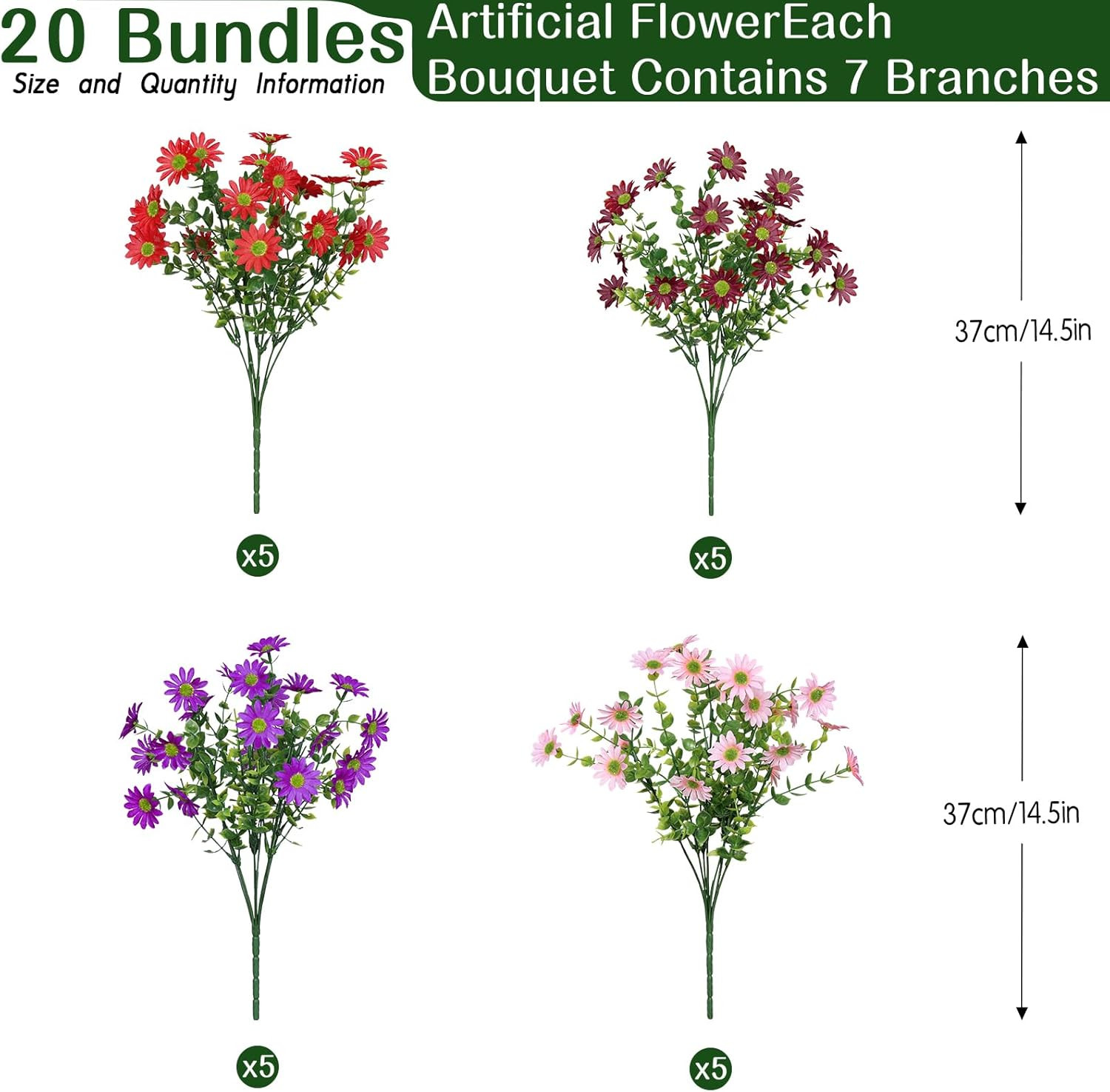 Alupssuc 20 Bundles Artificial Daisies Flowers Fake Plant for Indoor Outdoor Dec