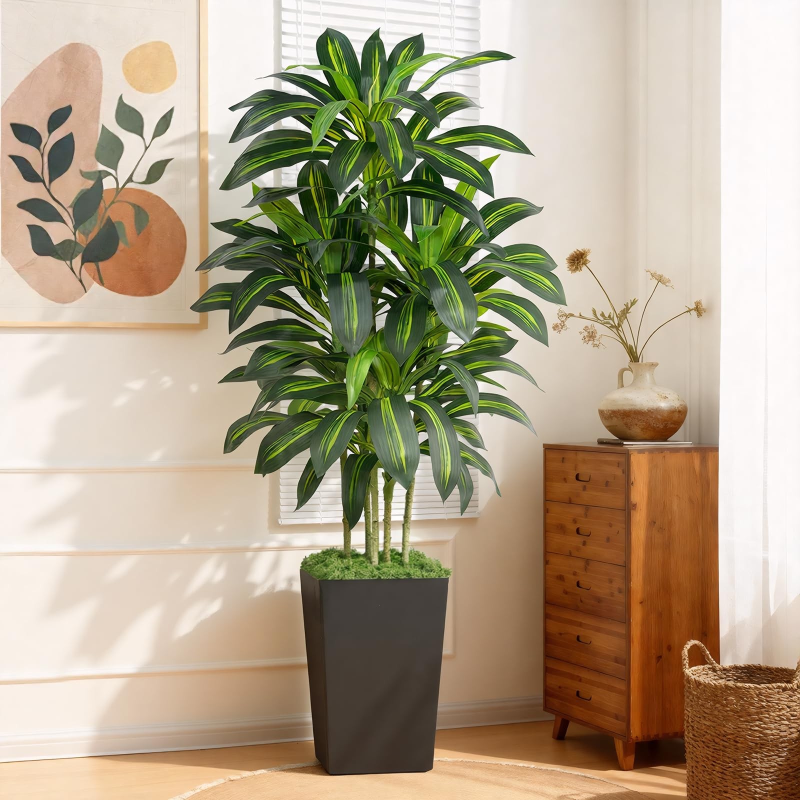 5FT Artificial Dracaena Tree – High-Density Foliage Fake Plant with Black Tal…