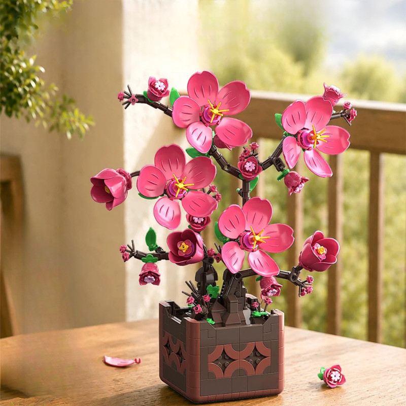 Pink Peach Blossom Potted Plant Building Block Set Diy Flower Model Decoration