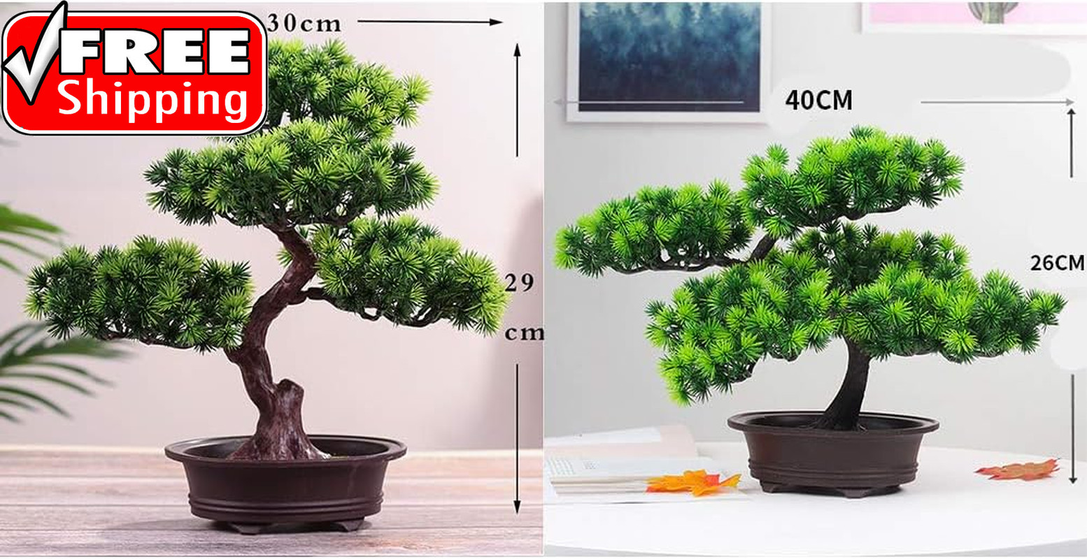 Artificial Bonsai Pine Tree, 11Inch Faux Potted Plant Desk Display Fake Tree Pot