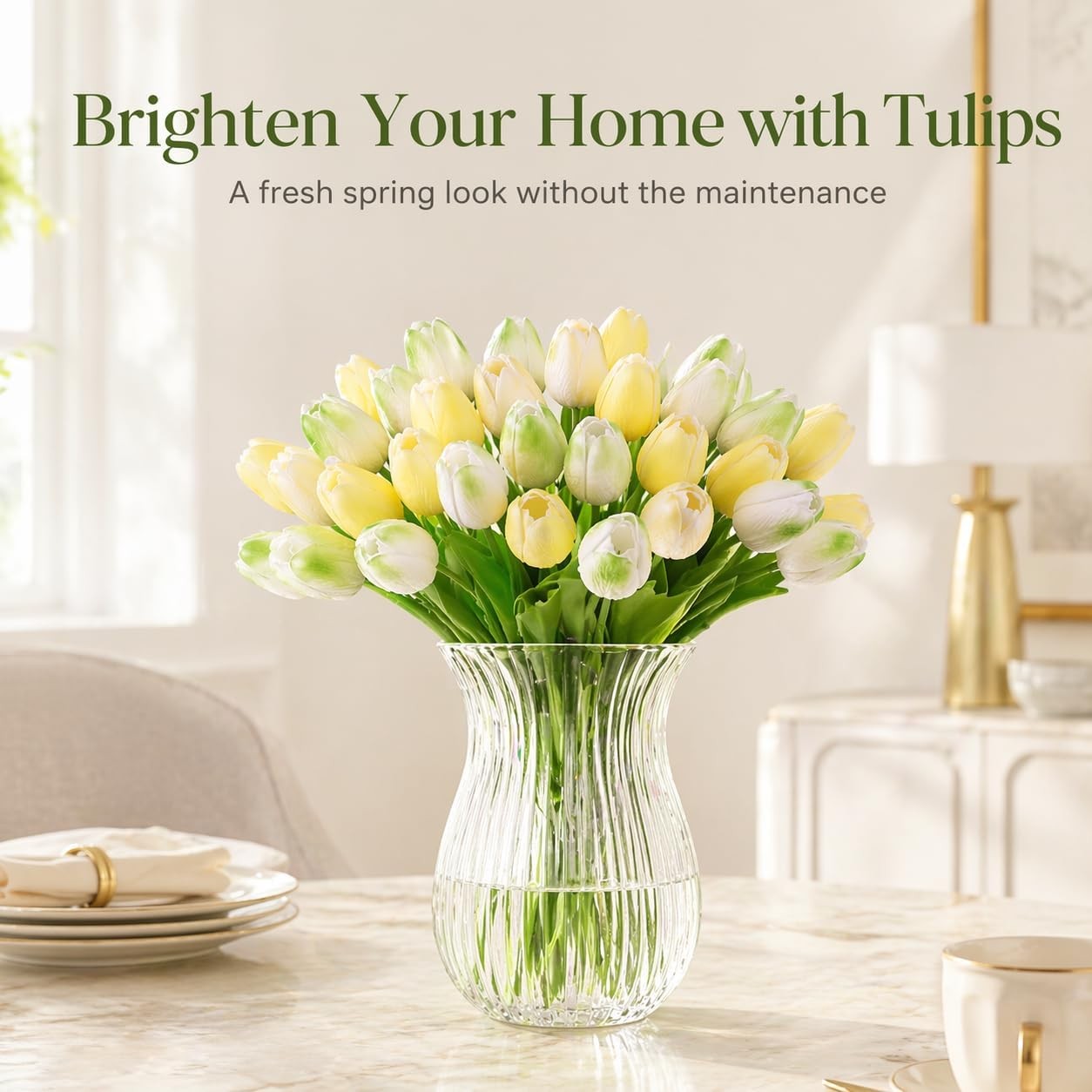 30 PCS Artificial Tulip Flowers 13.7 Inch Real Touch Mix Green Decor