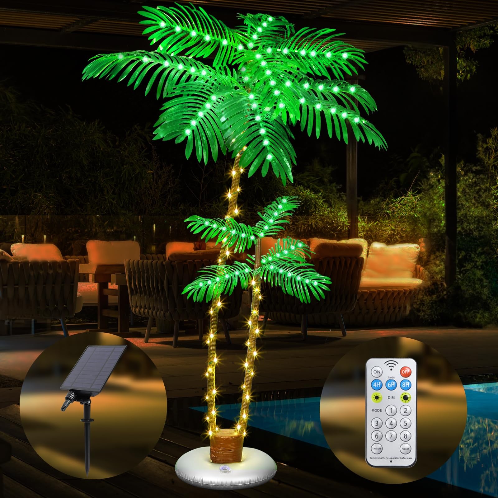 6FT Solar Palm Tree 2 Trunks 8 Modes Remote IP65 Outdoor Decor