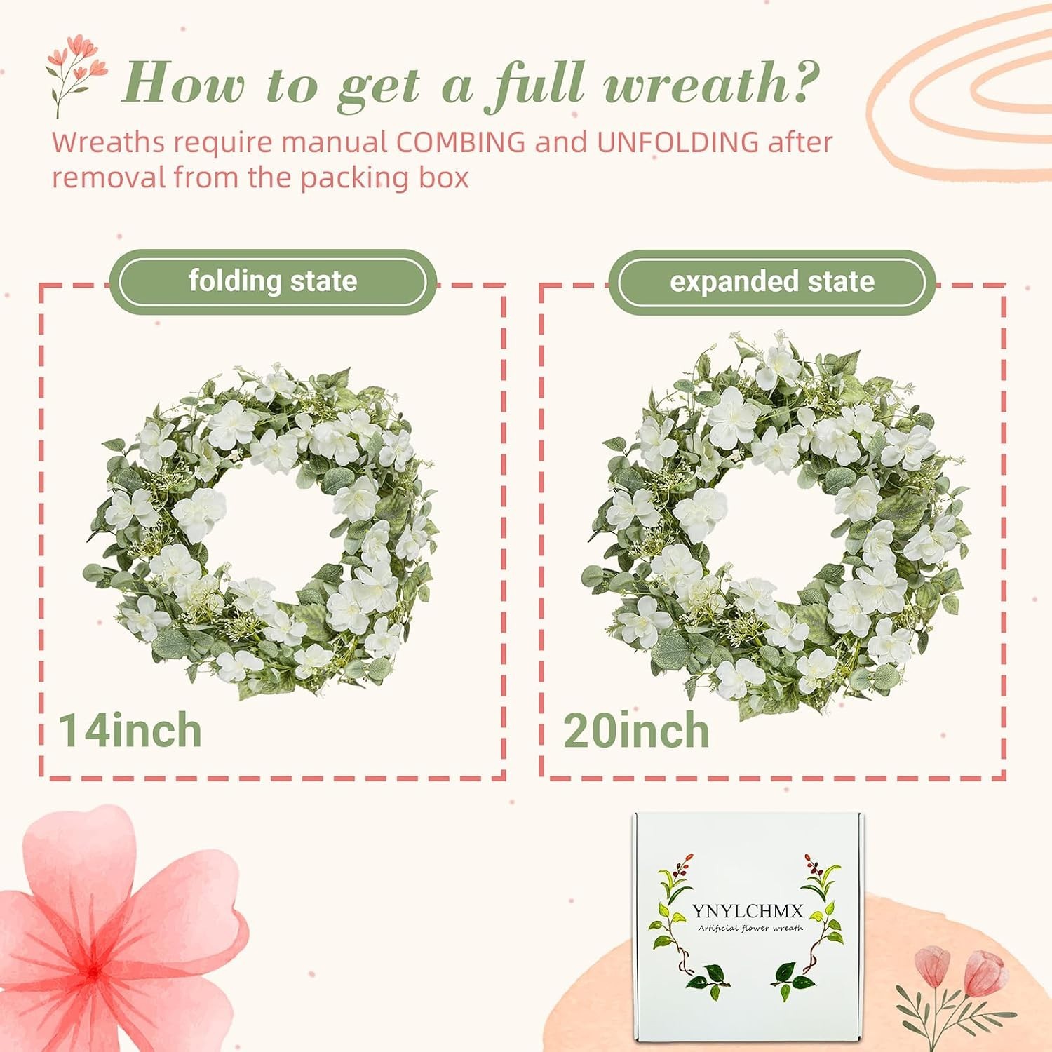 20-Inch Spring & Summer Artificial Floral Wreath with White Roses & Eucalyptus