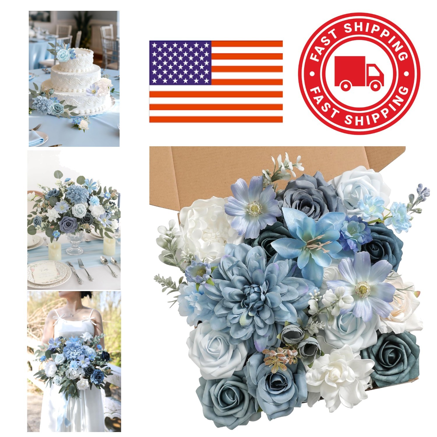 DIY Floral Arrangement Set with Blue Silk Flowers and Green Leaves for Parties