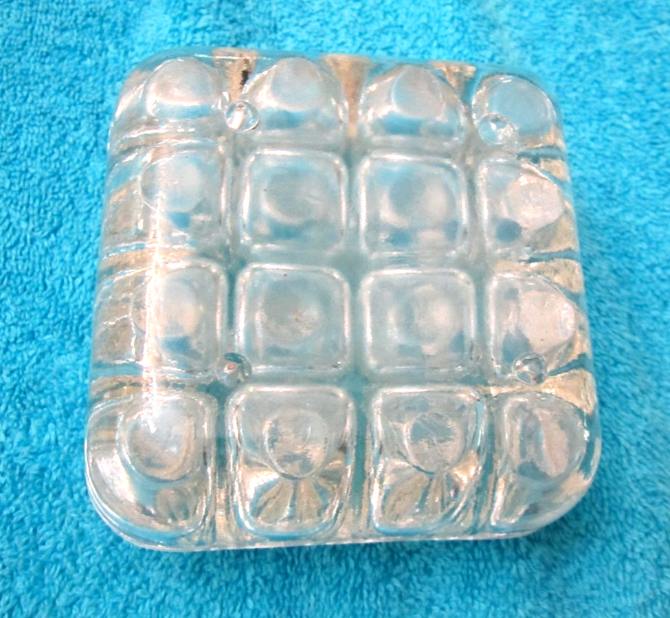 LARGE VINTAGE 3 1/2″ SQARE 16-HOLE CLEAR GLASS FLOWER FROG with DOMED CENTER