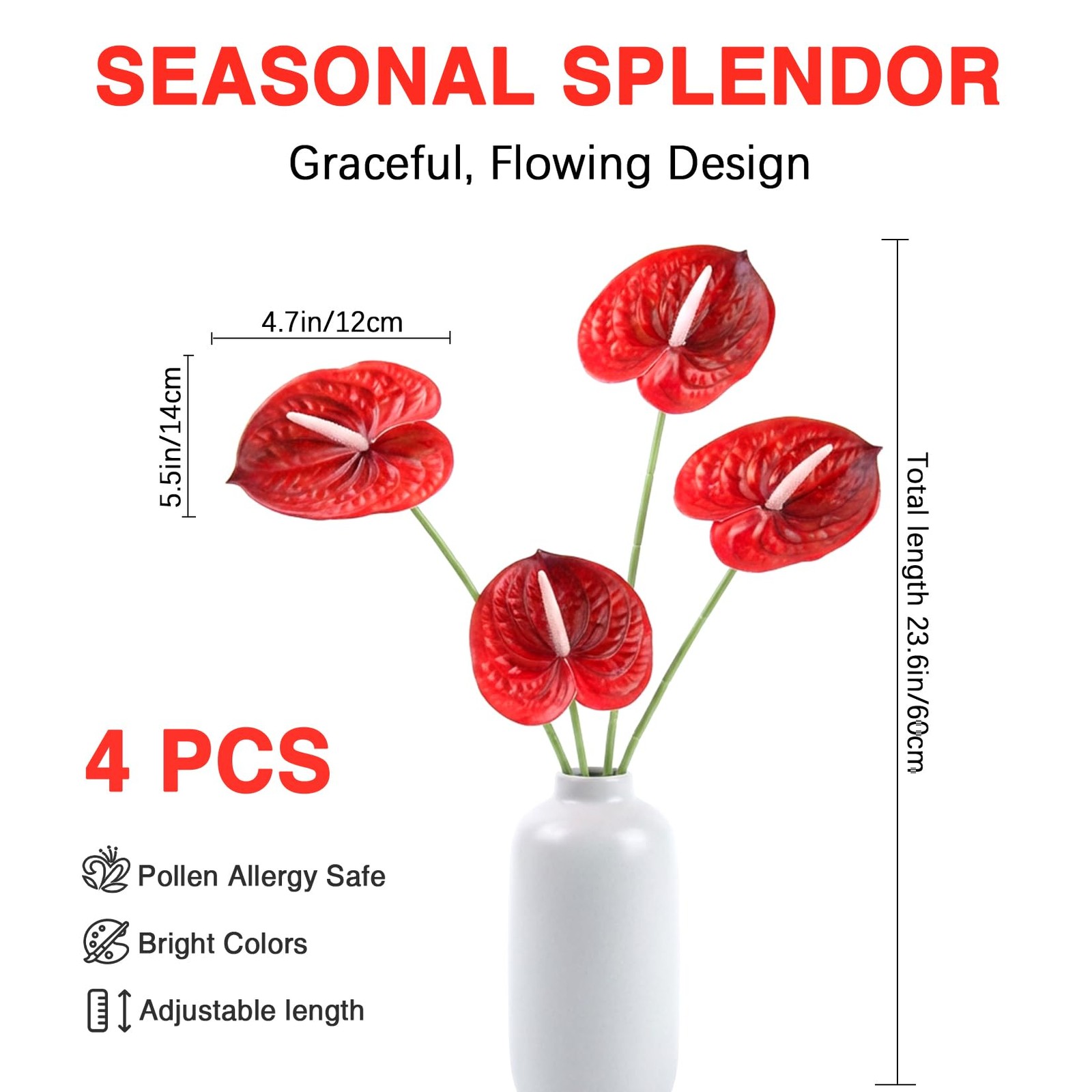 4PCS Anthurium Artificial Flowers Red Anthurium Single Stem – Tropical Flower…