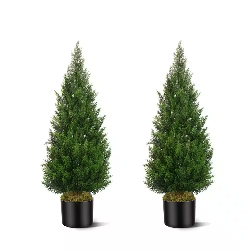 2-Pieces Green Trees 3 Ft. Artificial Topiary Cedar Trees with Black Pot Faux Pi