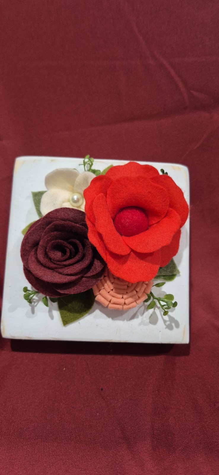 NEW Artisan Made Fiber Art 5×5 Felt Flower Leaves Red Burgundy Boho Cottage Core