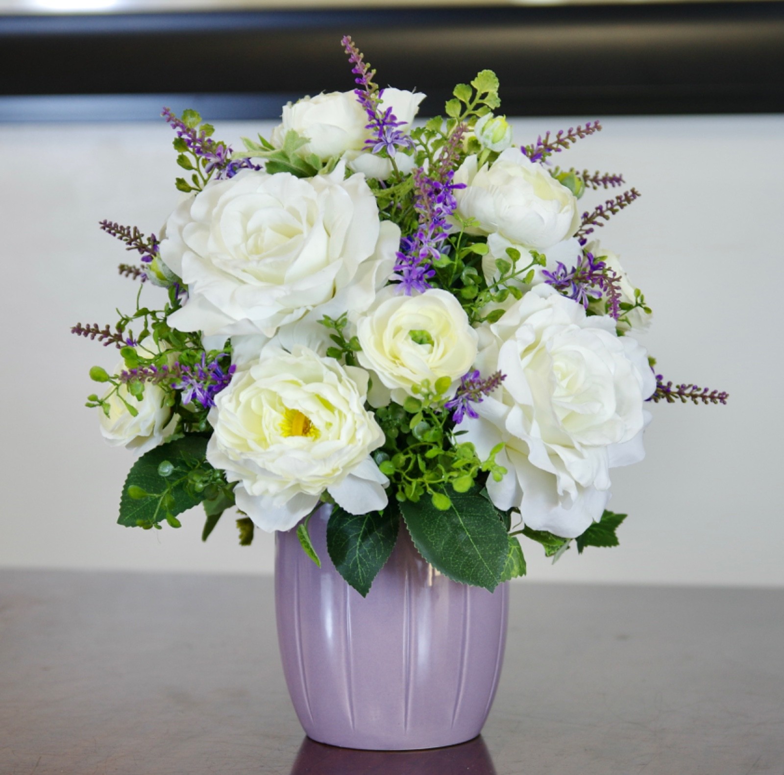 Silk White Roses, White Ranunculus and Lavender Wildflowers in a Lavender Bowl