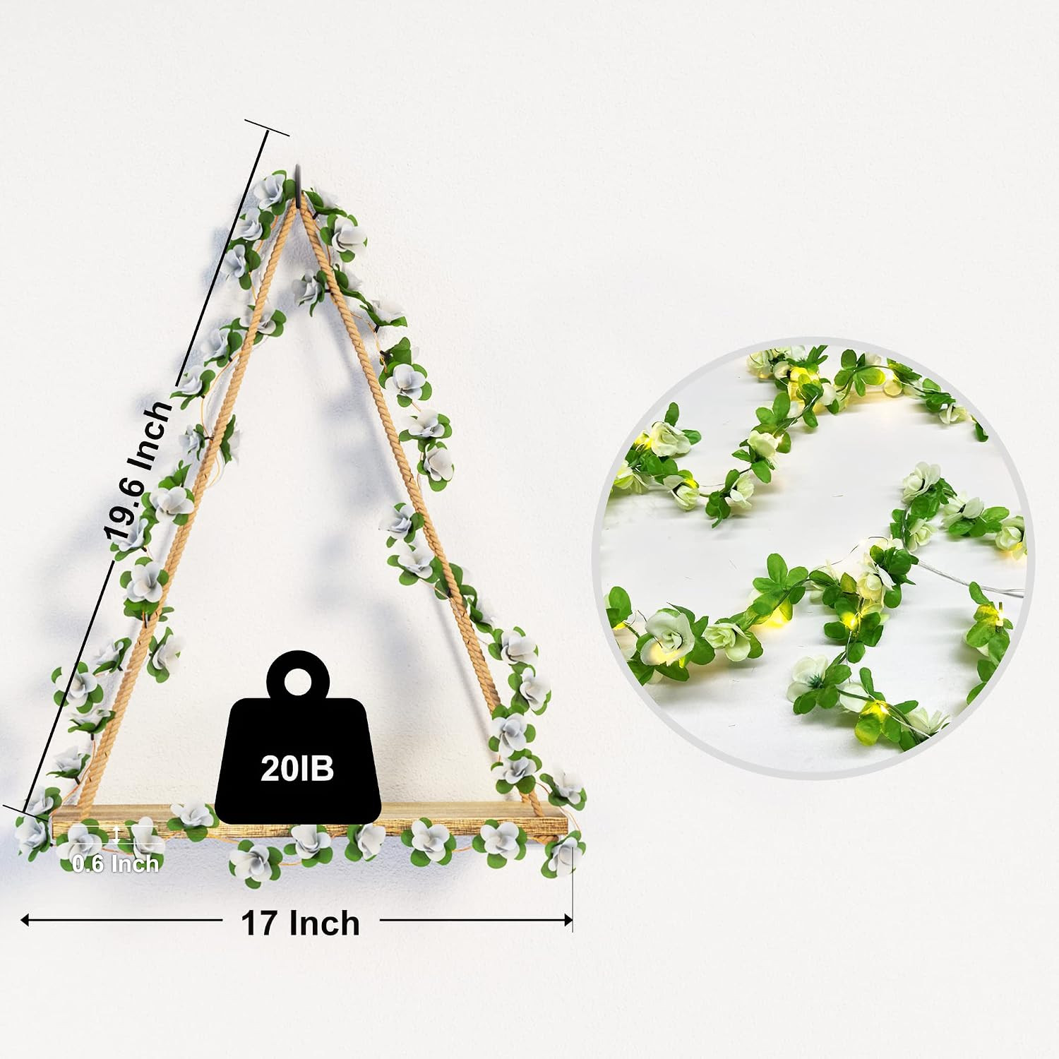 Artificial White Flower Garland with LED-Strip Wall Hanging Shelves Set of 2, Bo