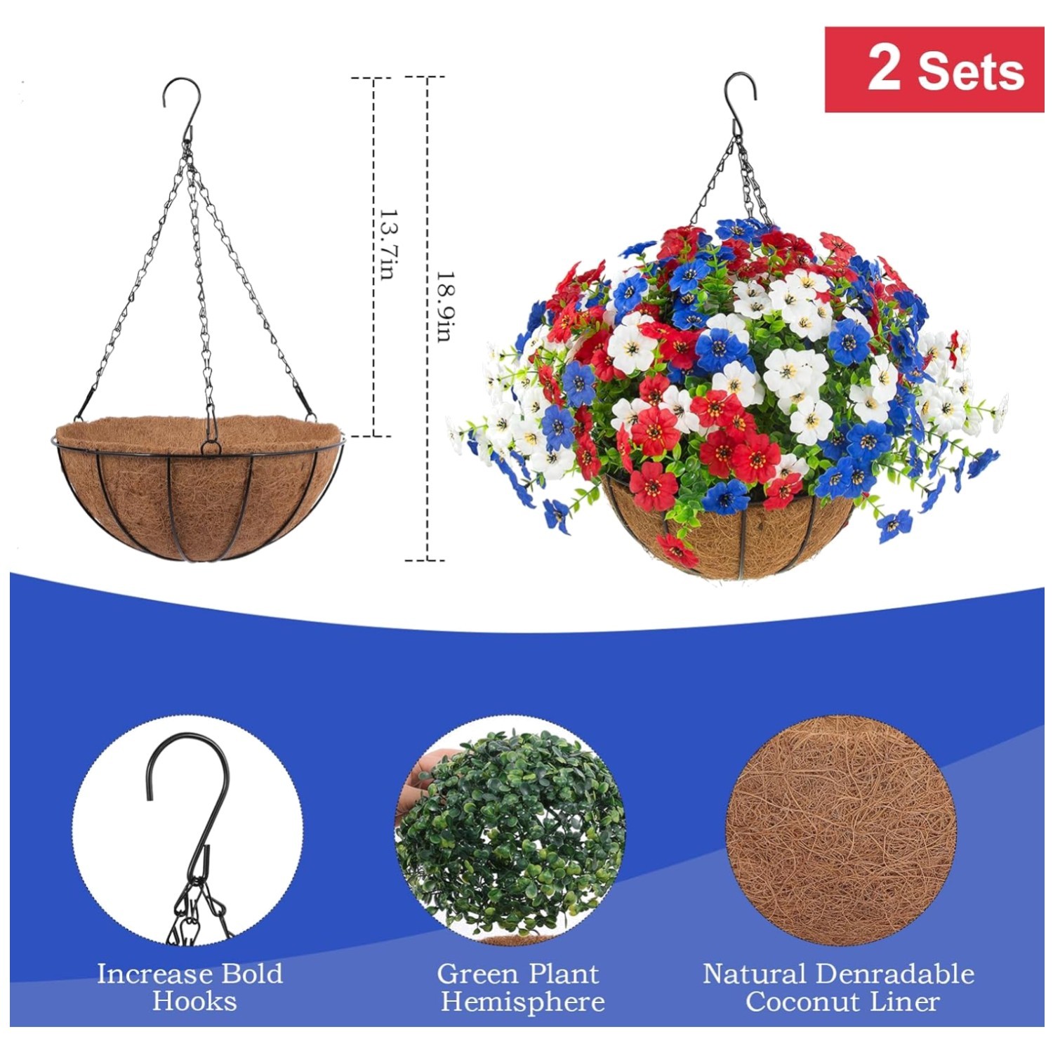 2-Pack Artificial Outdoor Flowers in Red, White, Blue