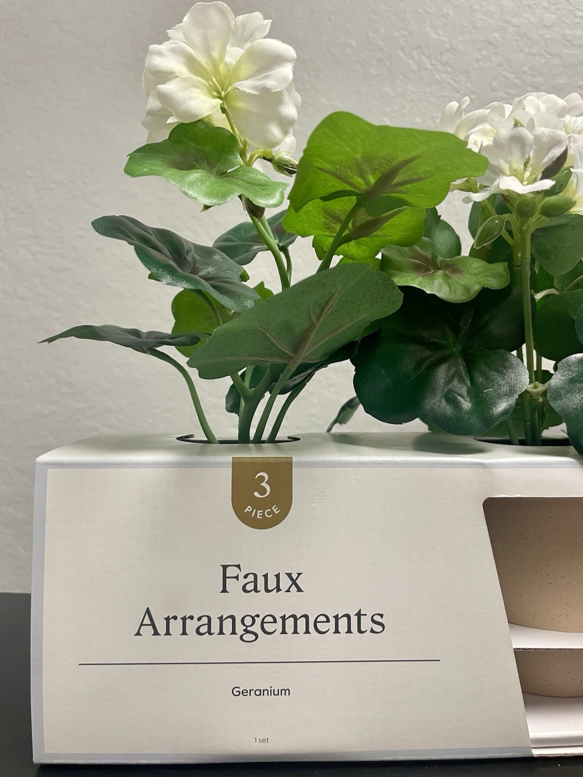 Fake plants, set of three geranium arrangement, green and white floral decor