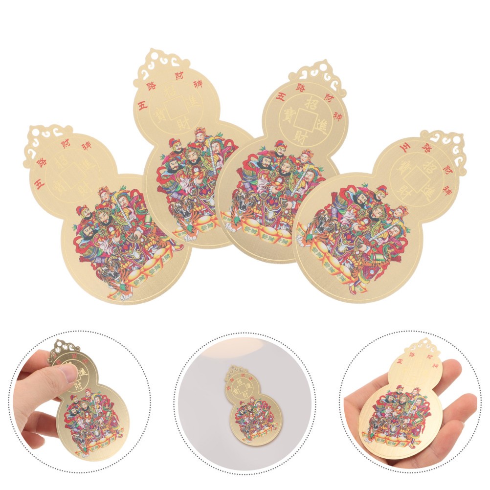 4Pcs Brass Wealth Amulet Cards Reusable Golden Feng Shui Gourd Charms for Luck