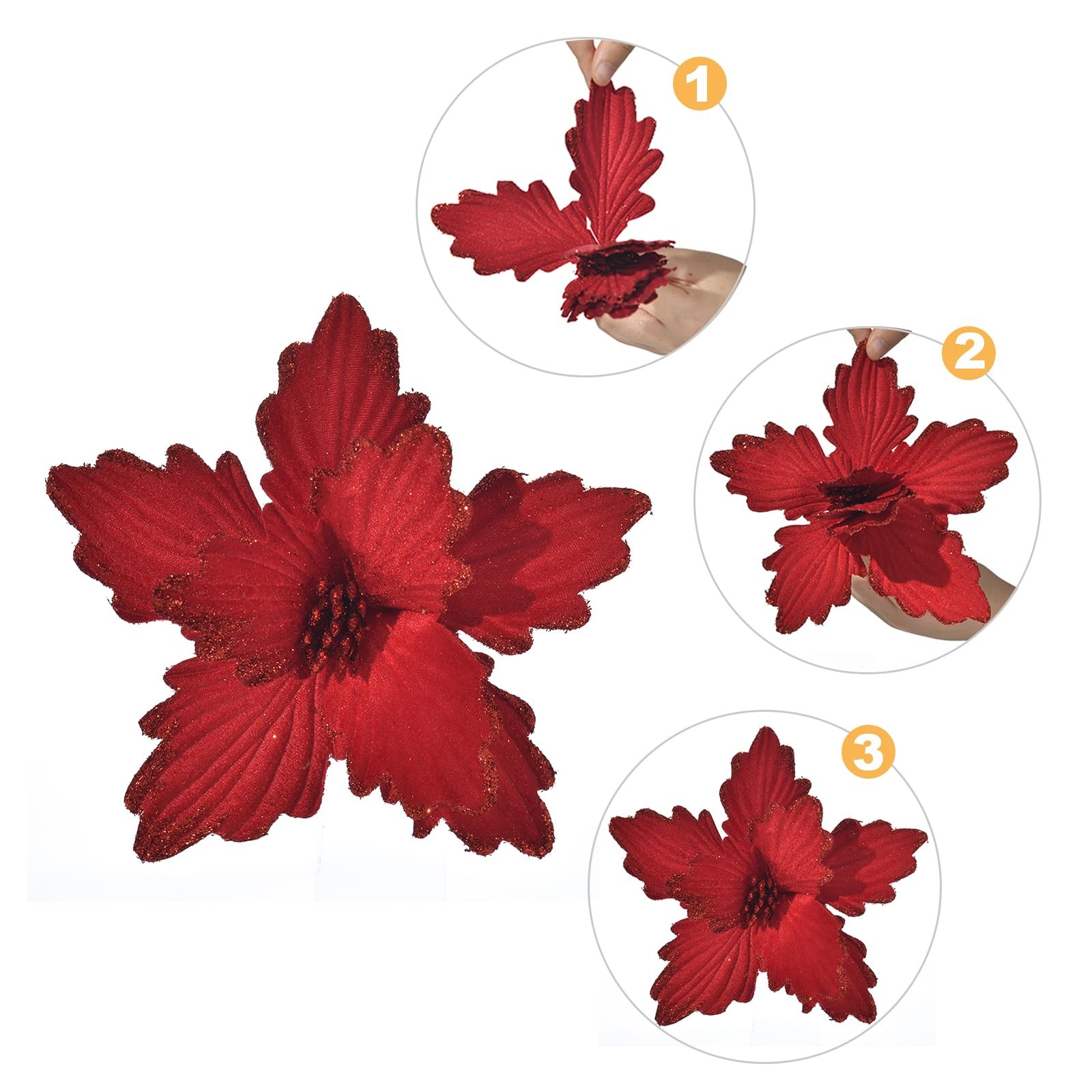 10 PCS Dark Red Glitter Poinsettias Artificial Christmas Tree Ornaments Decor