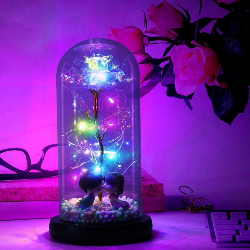 Rose Flower In Crystal Glass Dome RGB LED Light Up Rose Lamp Gift for Girlfriend