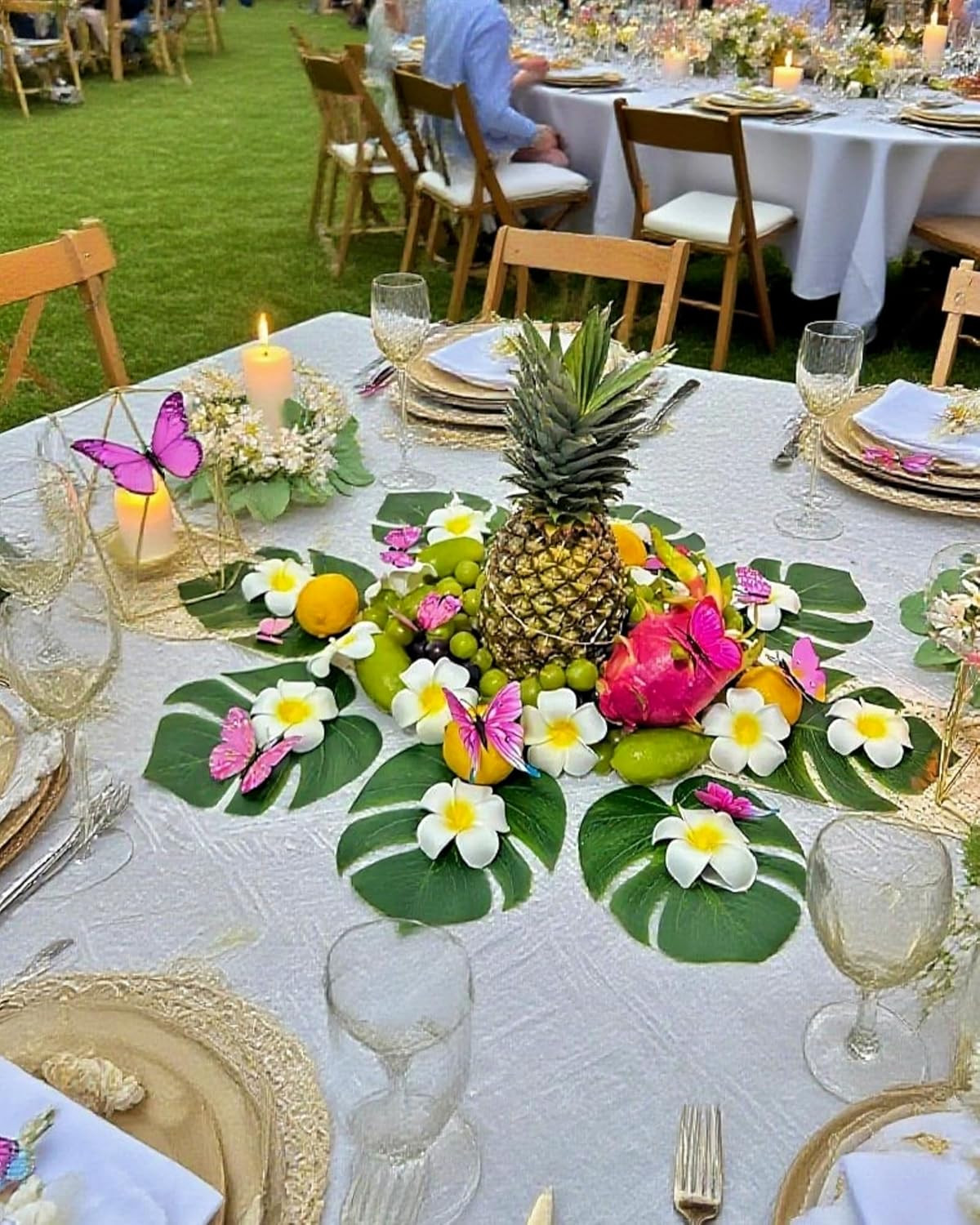 72Pcs Hawaiian Party Decor Set (Artificial Plumeria Flowers, Monstera Leaves, Bu