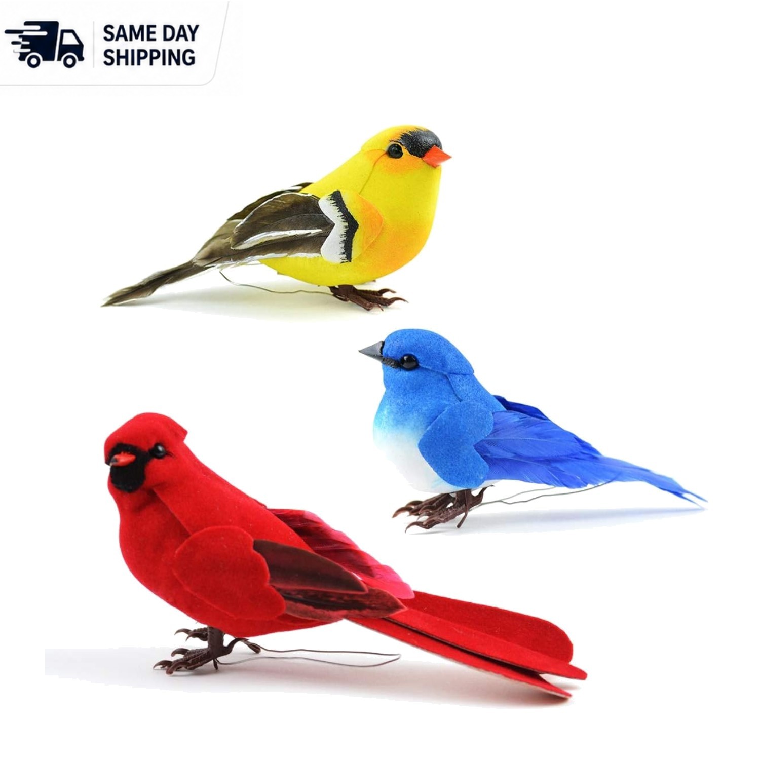 Elegant Set of 3 Artificial Birds – Red Cardinal, Bluebird & Goldfinch for Decor