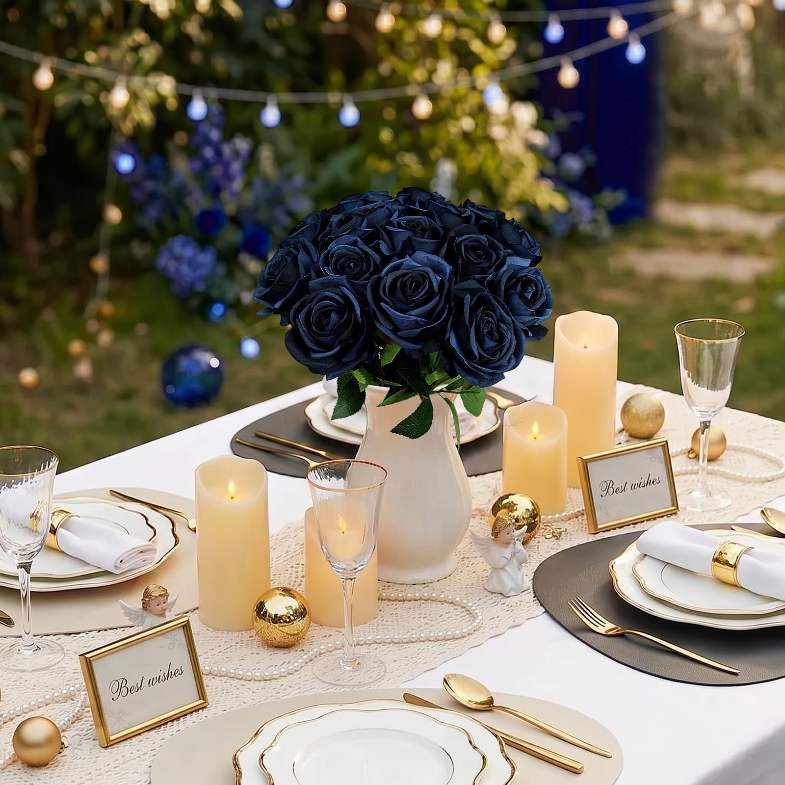 16 PCS Roses Artificial Flowers – Fake Silk Navy Blue Rose in Bulk with Long …