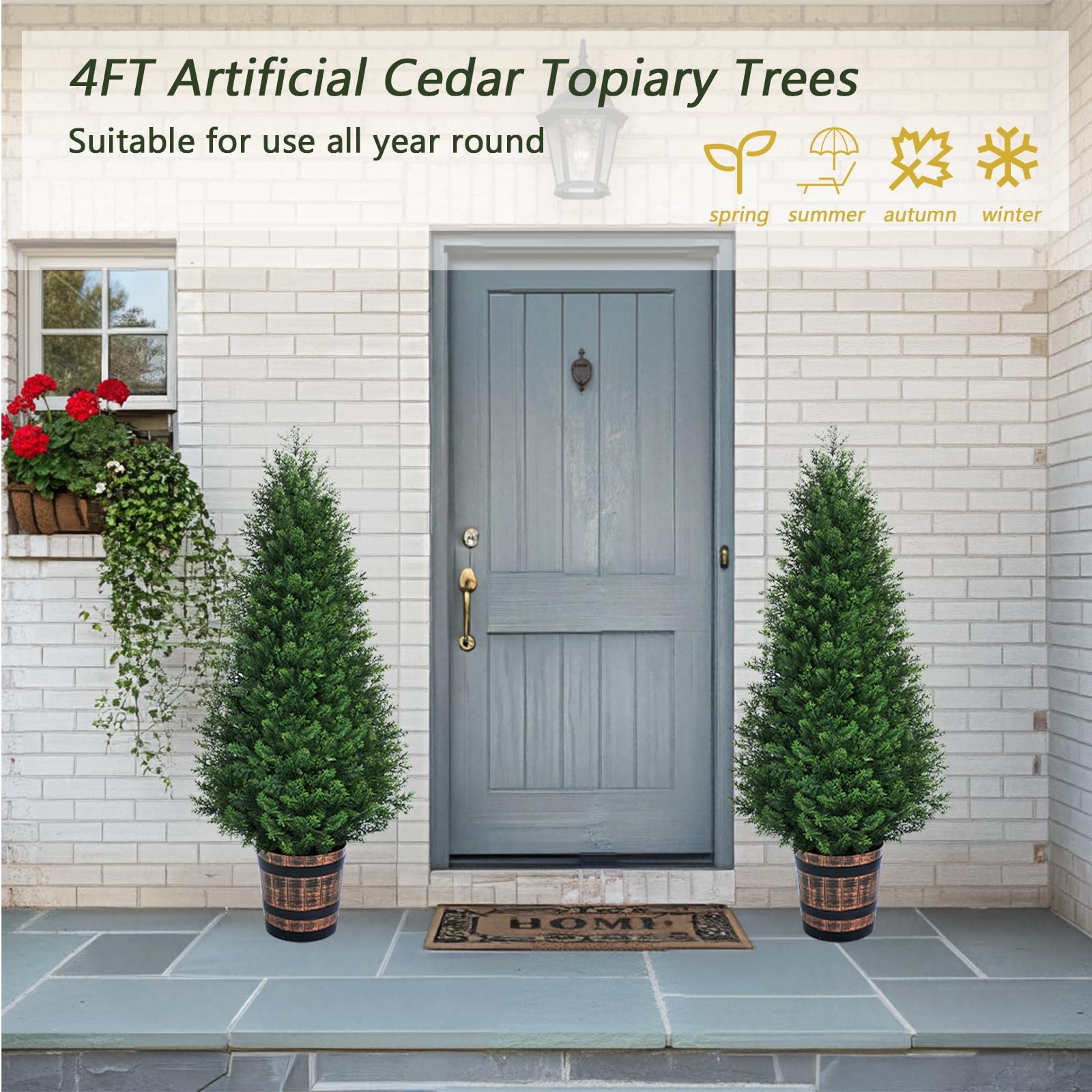 Set of 2 Artificial Cedar Topiary Trees 4FT – Indoor Faux Pine Shrubs with Ba…