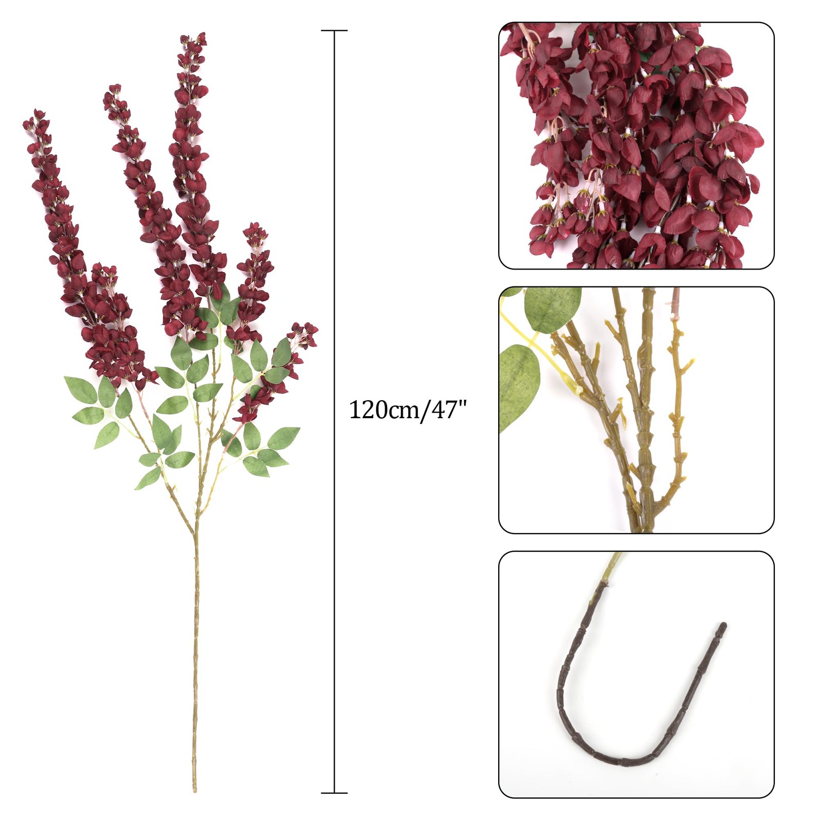 Red Wisteria Artificial Flowers Branches 43 Inch Fake Hanging Plant 2 PCS