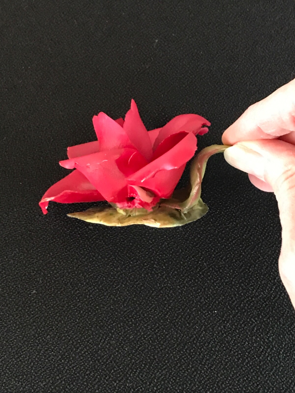 VINTAGE PORELAIN RED ROSE FLOWER WITH GREEN LEAF, ITALY