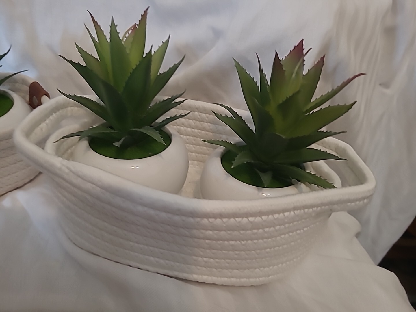 Set of 4 Decorative & Artificial Green Plants-White In Ceramic Pots W/baskets