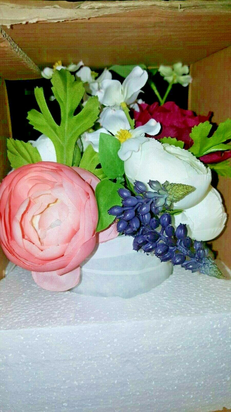 POTTERY BARN FAUX SPRING COMPOSED FLOWER ARRANGEMENT, GLASS VESSEL, 9″