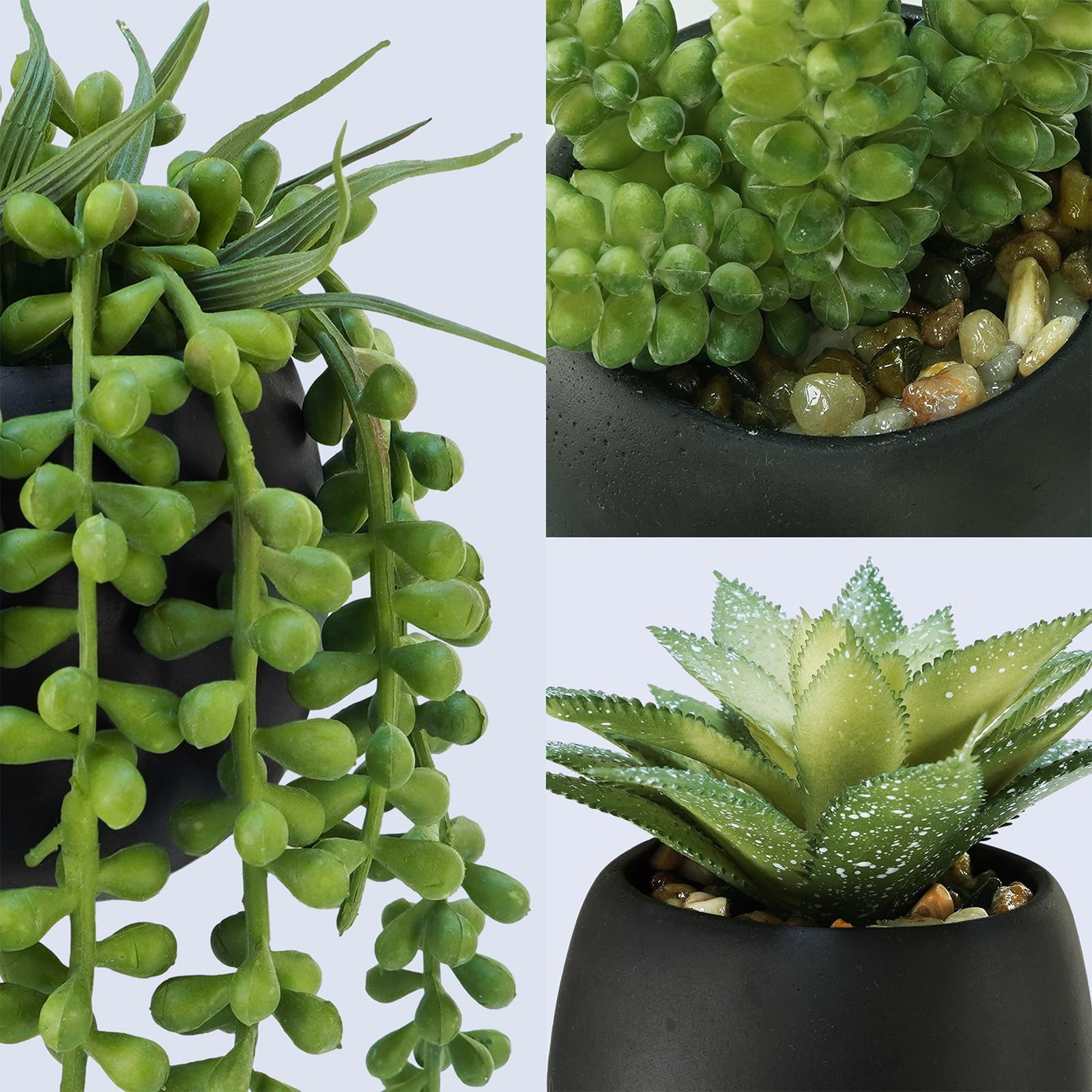 Set of 3 Artificial Succulents Plants in Black Cement Planters Faux Potted Pl…