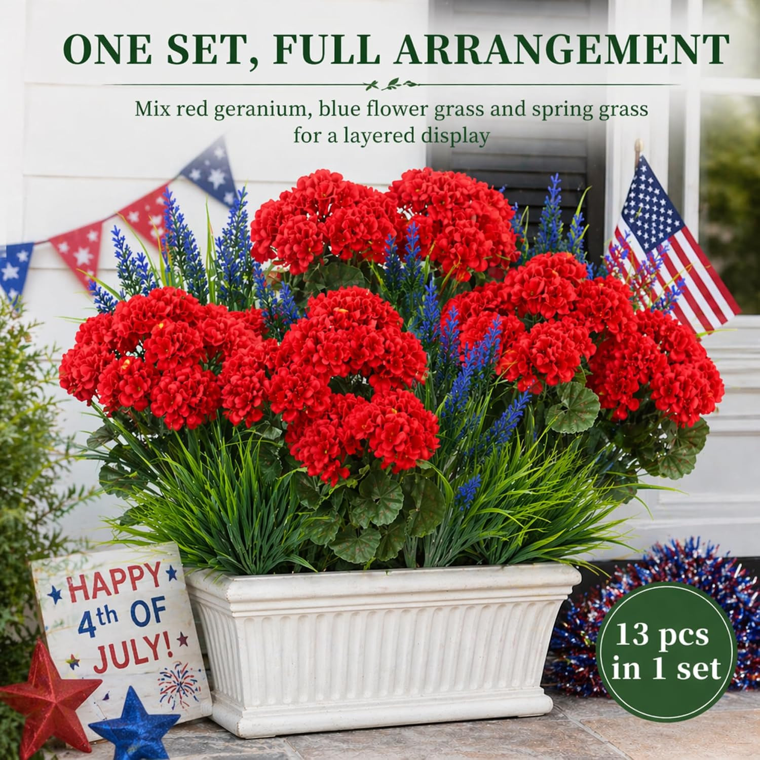 Realistic 13 Pcs Red Geraniums & Grass for Outdoor Home Garden Decor