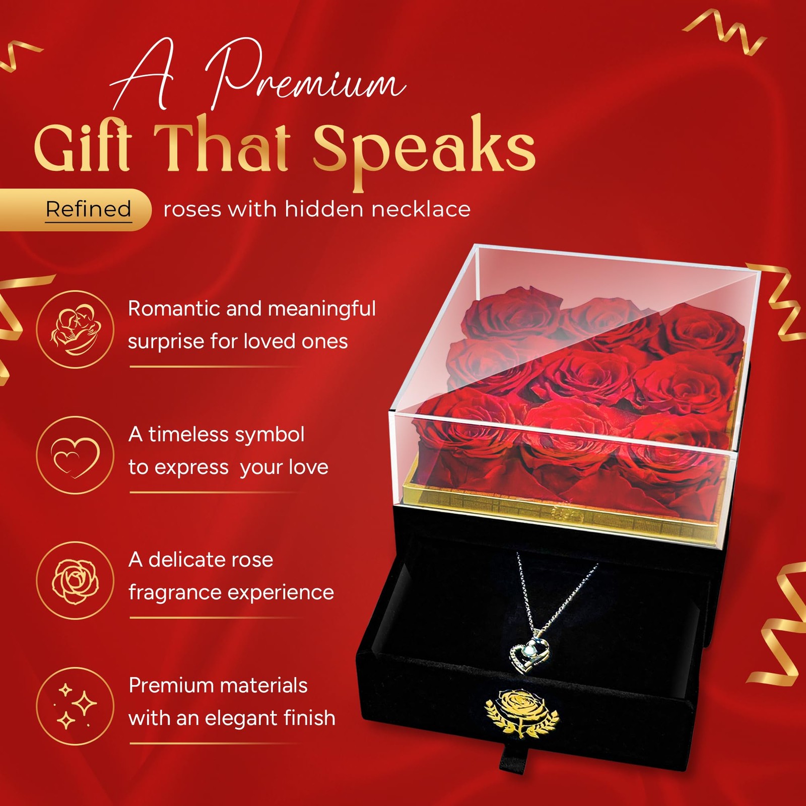 Eterno Bel Fiore Luxury Preserved Roses – I Love You Necklace – Velvet Box wi…