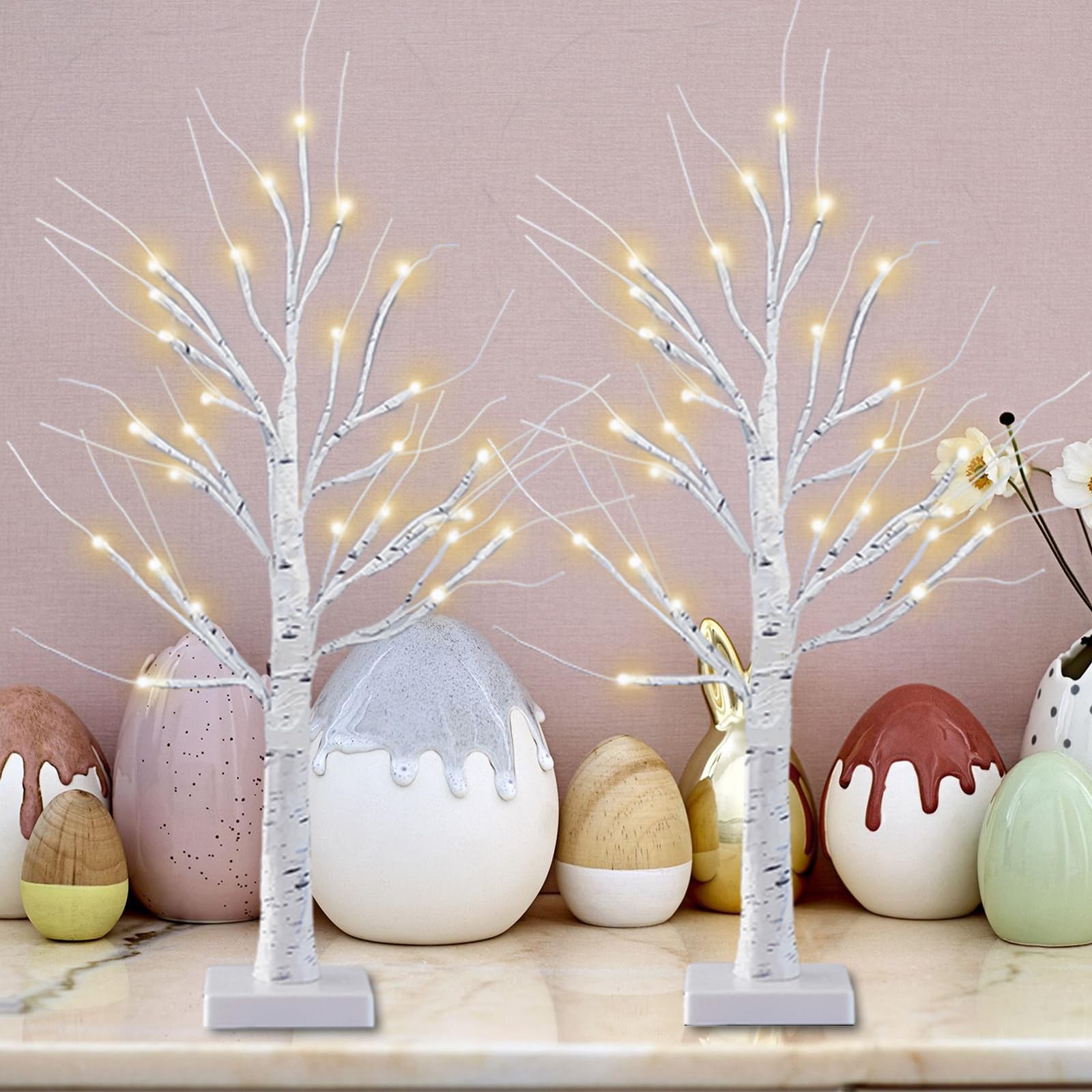 2 PCS 2 FT Lighted Birch Tree Timer Easter Decor 48 LED Tabletop Center