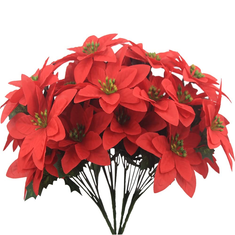 Red Artificial Poinsettia Flowers Winter Christmas Floral Bouquet 4 PCS